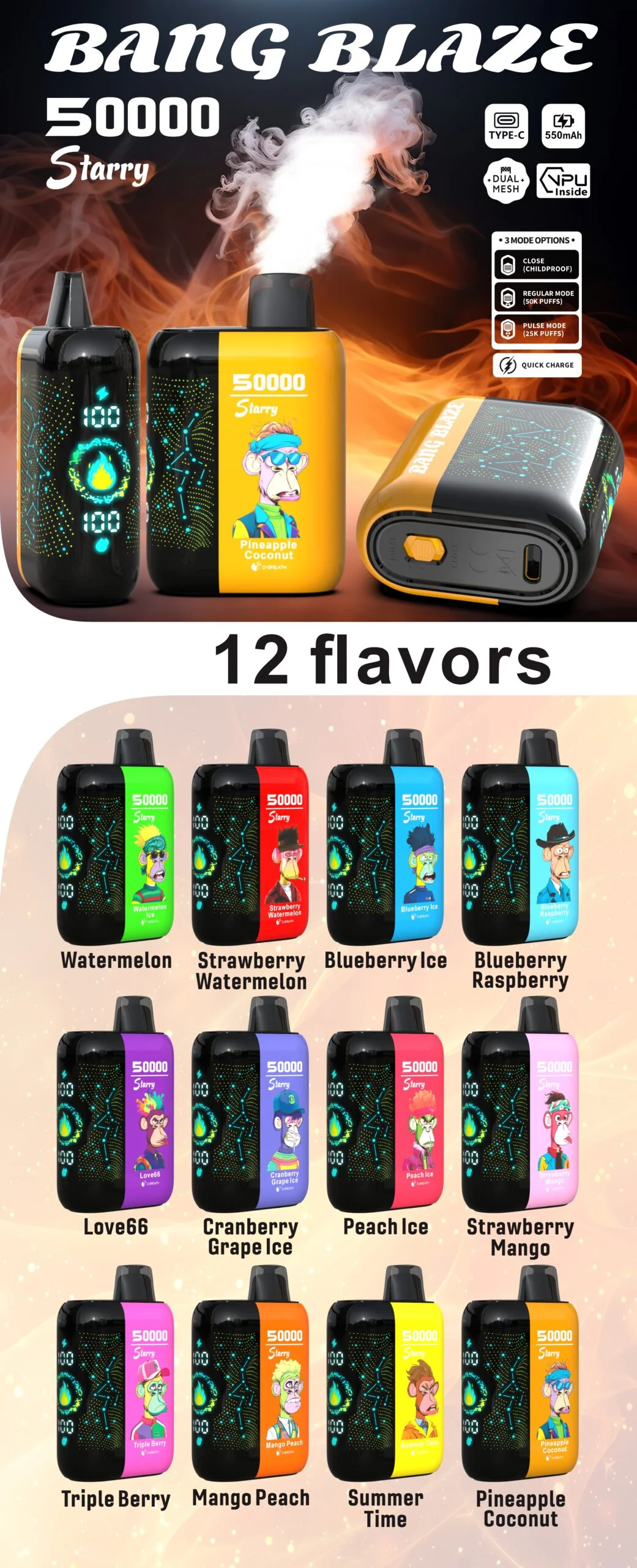 BANG BLAZE Starry 50K csillagos dizájnú e cigi és vape 50.000 szippantással, 50ml tartállyal