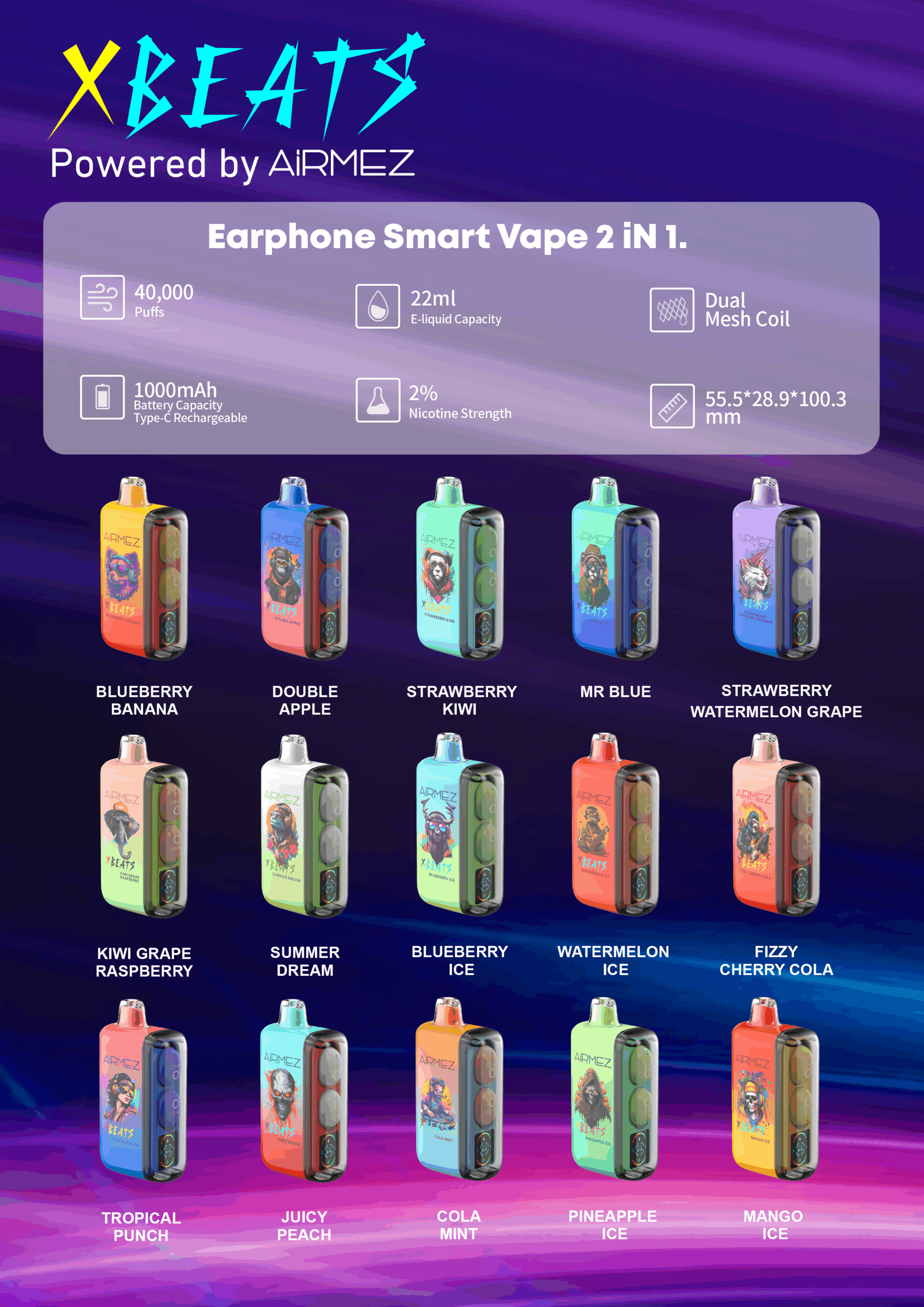 Airmez Xbeat 40K nagy kapacitású e cigi és vape 40.000 szippantással, 22ml tartállyal