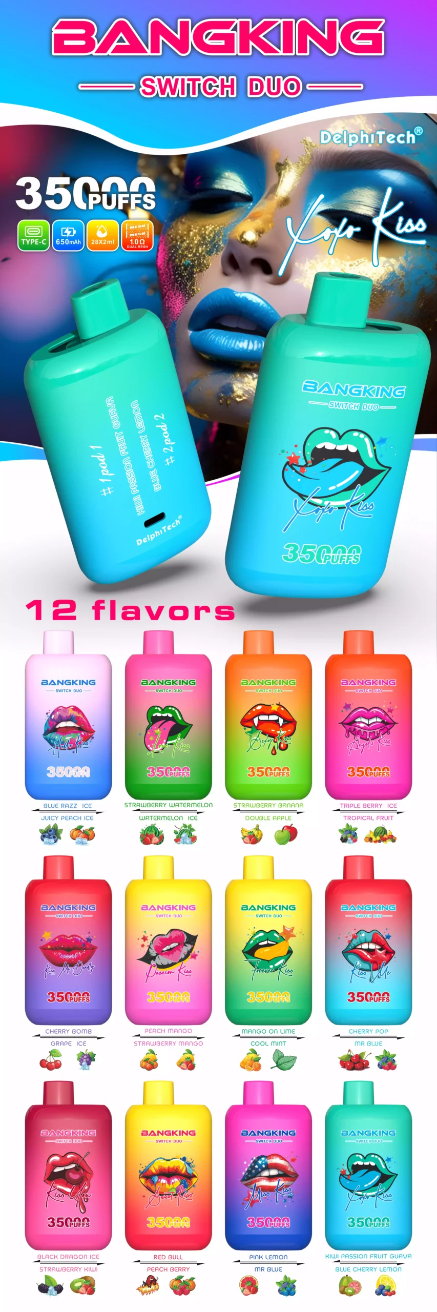 BANG KING Switch Duo 35K két tartályos ízváltó e cigi és vape 35.000 szippantással, 72ml tartállyal