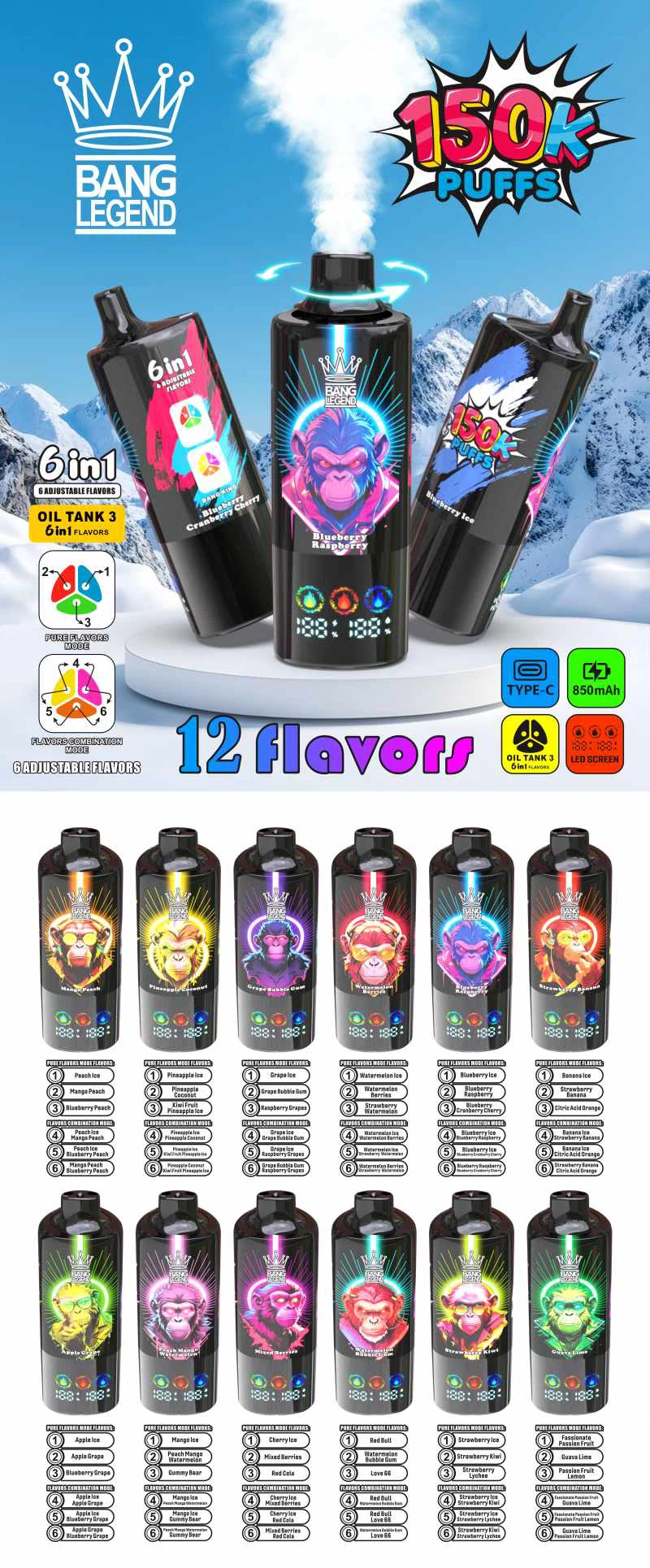 BANG LEGEND 150K eldobható vape és e cigi fekete színben, LED kijelzővel és ujjlenyomat-érzékelővel