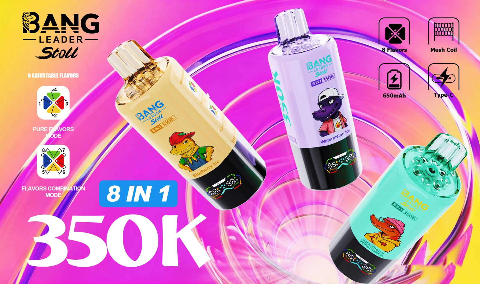 Bang Leader Stoll 350K 8-az-1-ben e cigi és vape 350.000 szippantással, LCD kijelzővel