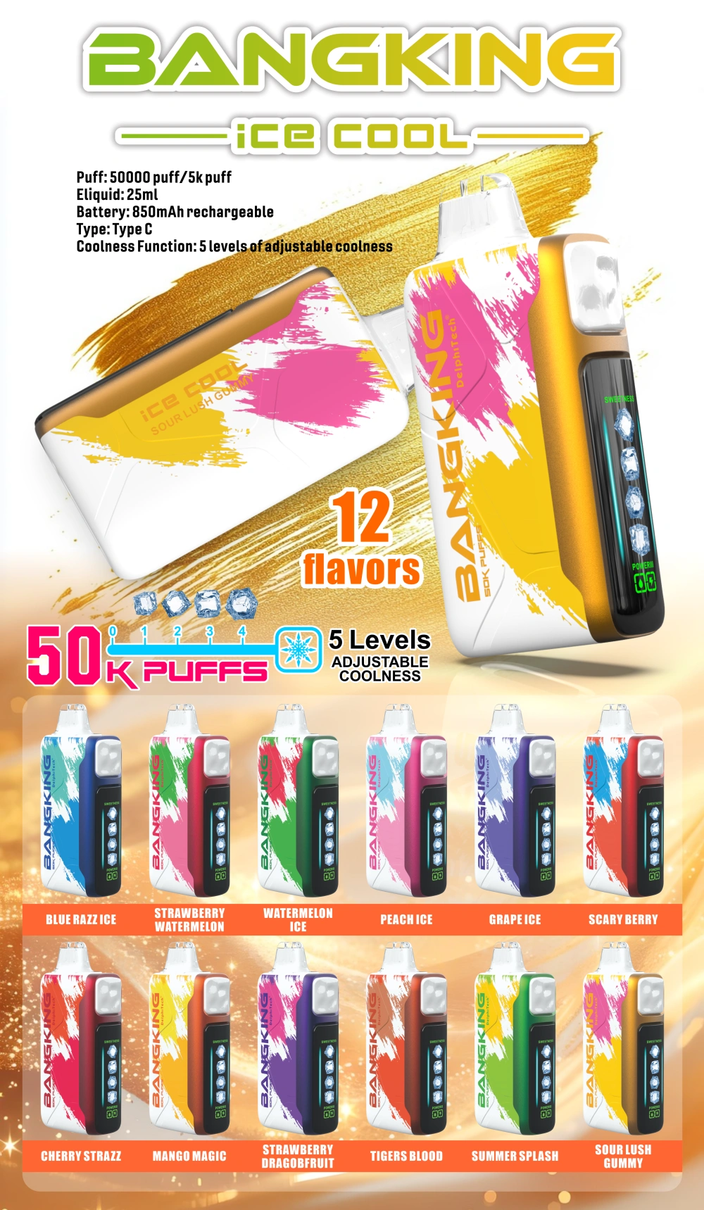 Bang King 50K Ice Cool hűsítős e cigi és vape 5 állítható hűtési fokozattal, 50.000 szippantás