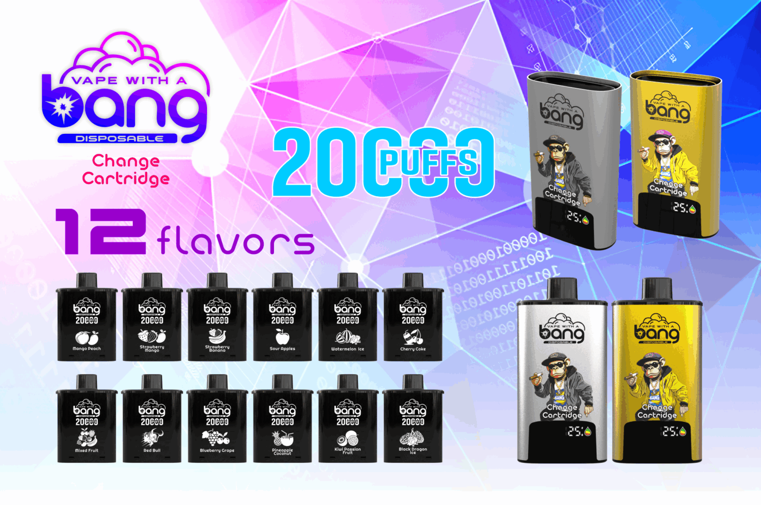 BANG 20000 cserélhető patronos e cigi és vape intelligens kijelzővel, 20.000 szippantás